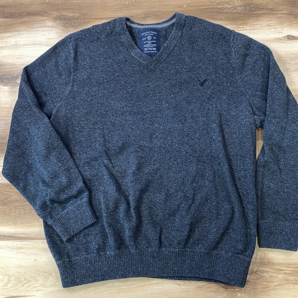 American Eagle V-Neck Sweater Mens XXL Classic Cotton Knit Marl Charcoal Gray